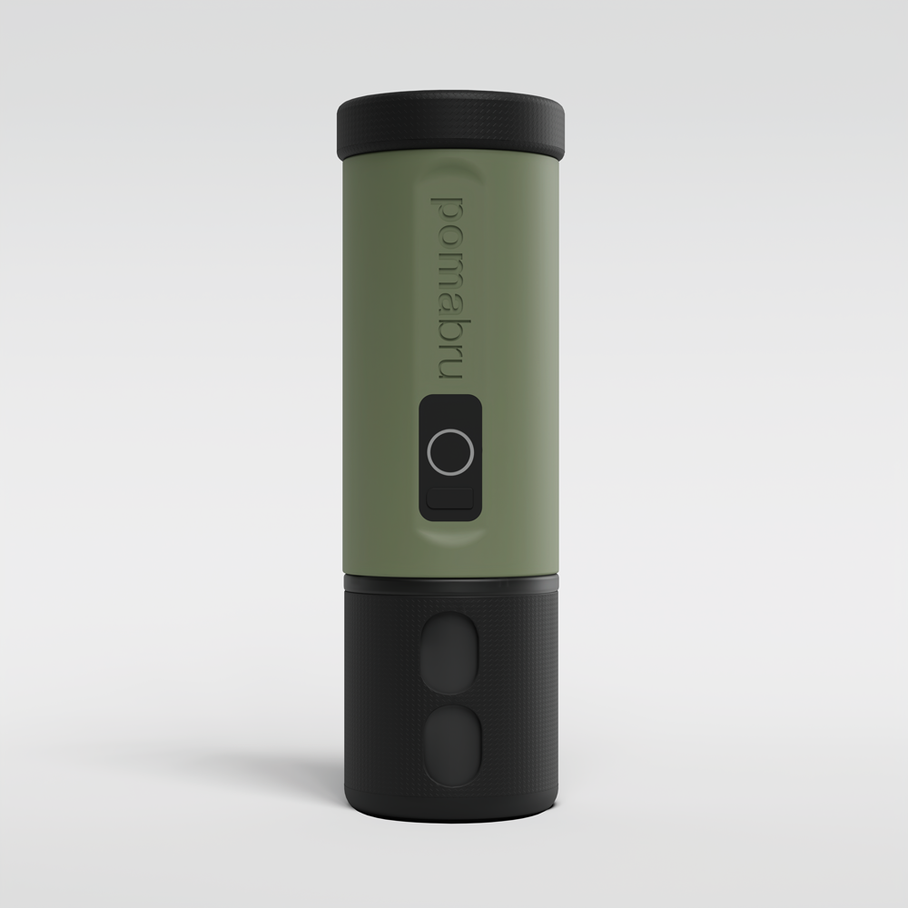 Green and black portable coffee maker with 'pomabru' branding on a light gray background